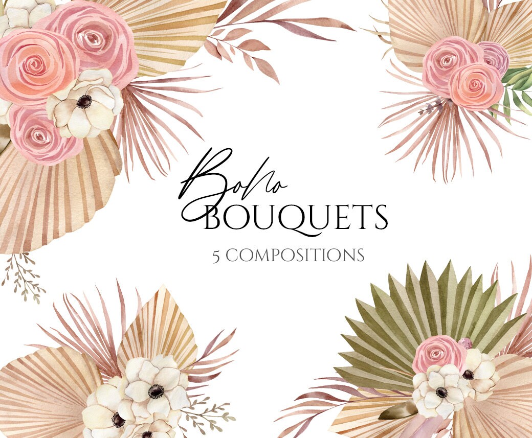 Watercolor boho bouquet clipart. Bohemian art png. Dried | Etsy