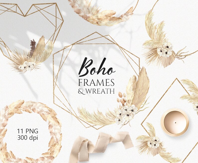 Watercolor gold frame clipart Boho floral frame clipart and | Etsy