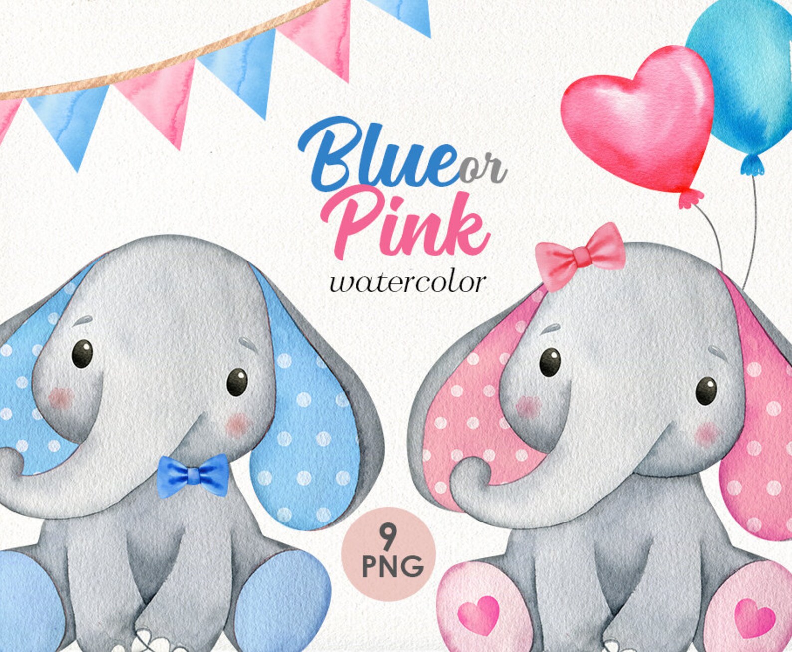 Elephant gender reveal png Pink or blue png Watercolor Etsy