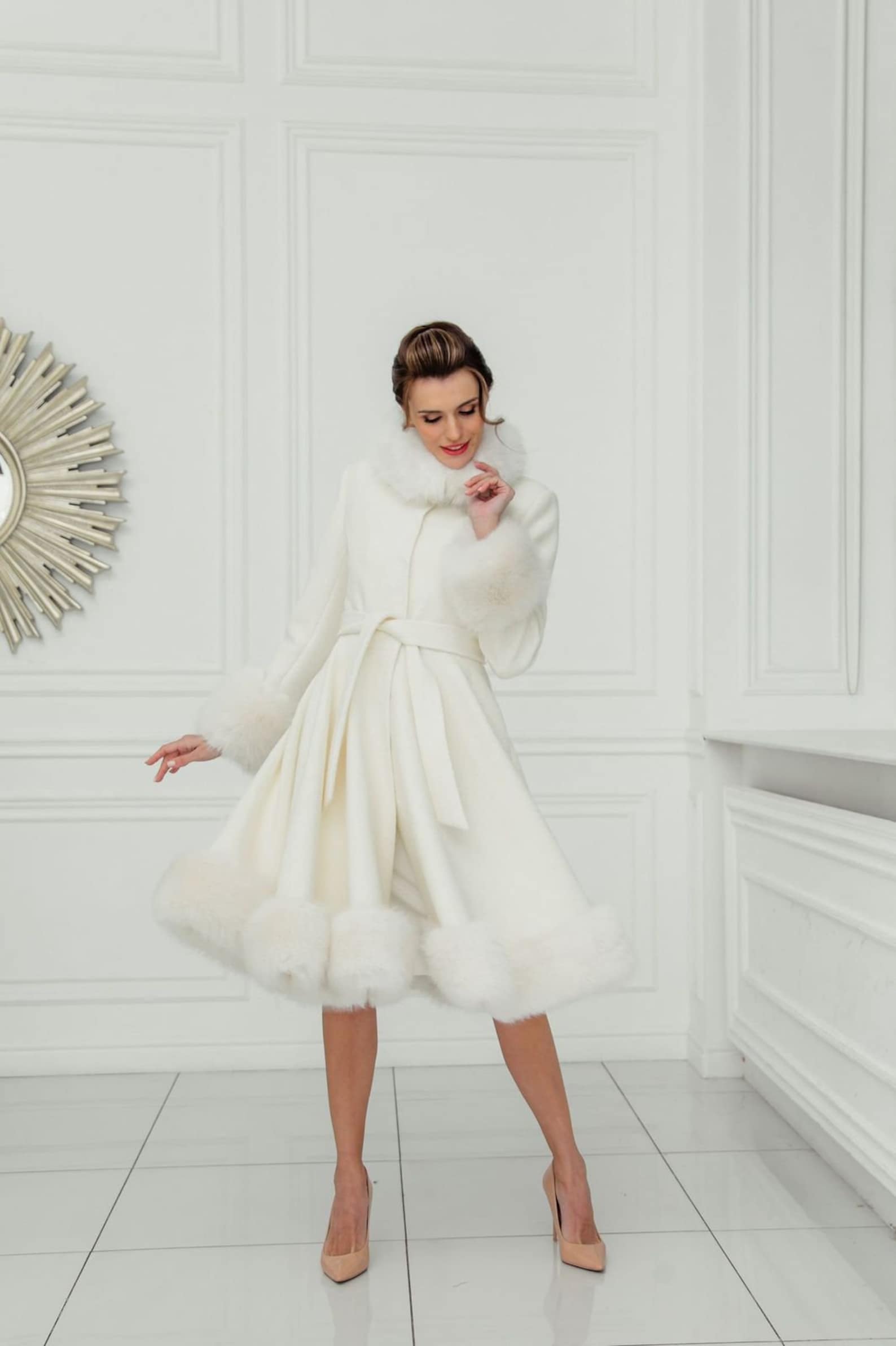 White Winter Coat With Faux Fur. Kneelength Wedding Coat With Etsy