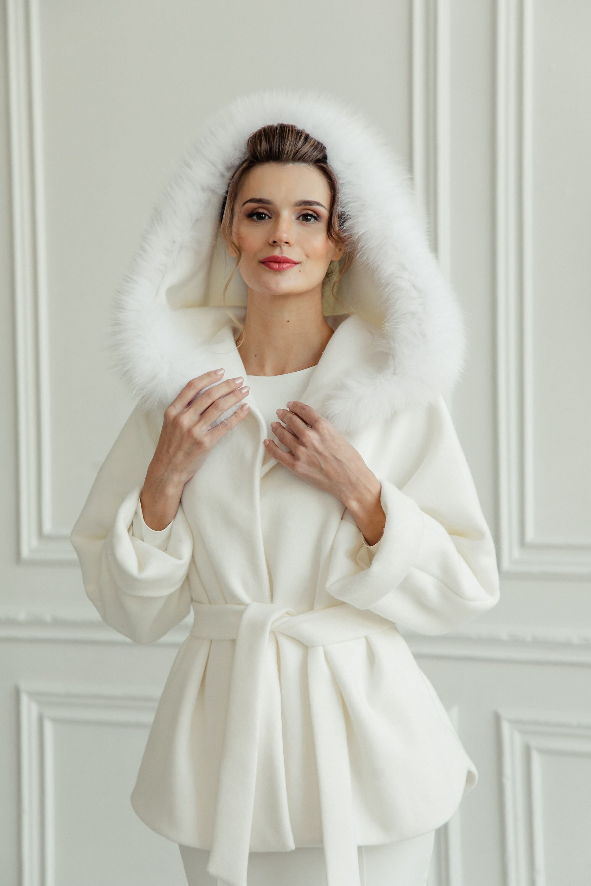 Faux cashmere coat with a hood and natural fox fur Etsy