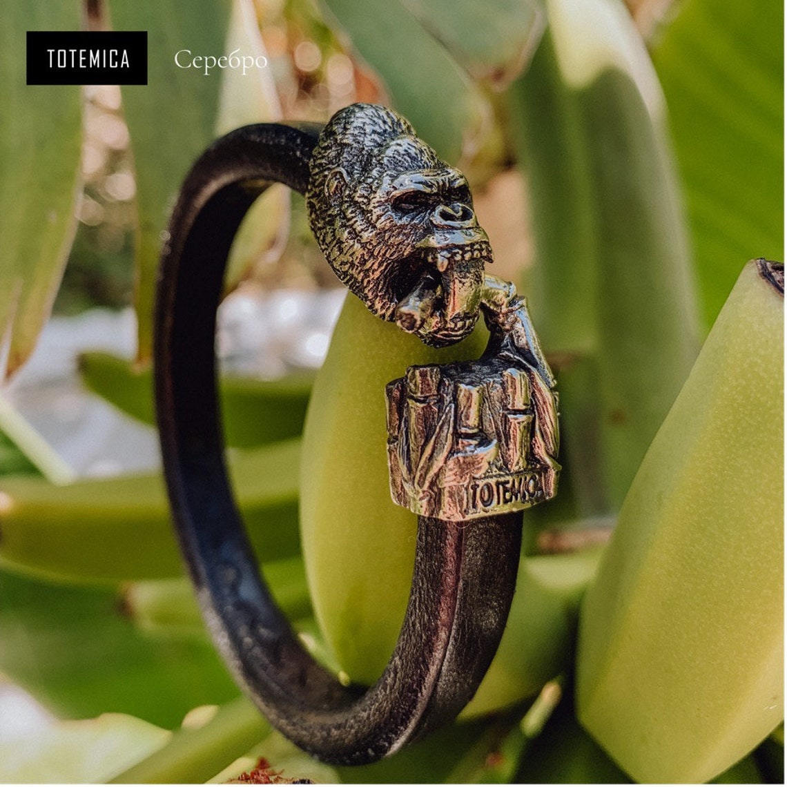 Gorilla bracelet silver leather totem animal jewelry Etsy