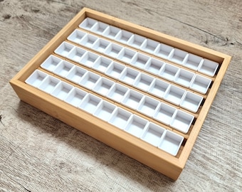 Handmade Wooden Watercolor Tray Palette - Gouache Palette - Bamboo Box - Gift for Artist - Half Pans - Watercolor Paint Storage