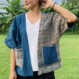 Handmade Indigo Dyed Organic Cotton Jacket, Thai Kimono Style
