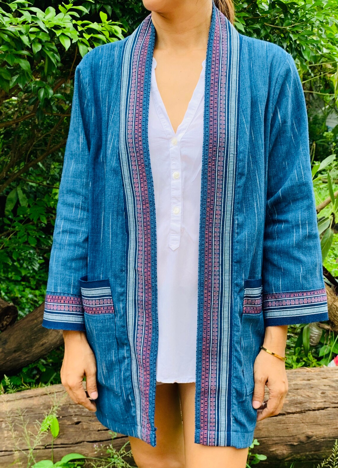 Handmade Organic Cotton Indigo Dye Thai Jacket Kimono Shirt Robe Poncho