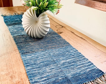 Thai Hand Woven Mud Cloth Indigo Dye Table Runner Cotton Textile Rustic Home Decor Bridal Shower Vintage