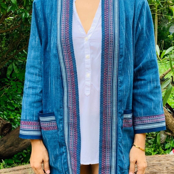 Handmade Organic Cotton Indigo Dye Thai Jacket kimono Shirt Robe Poncho Coat Jumper Scarf Shawl Textile Handwoven Ethnic Fairtrade