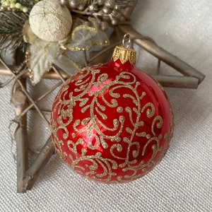Red Christmas glass ball ornament,  traditional XMAS glass ornament, crafted Christmas handmade, Hand painted Christmas glass decorations