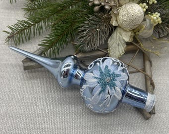 Small blue flower Christmas glass tree topper 7 inch, vintage tree topper Christmas, Glass Finial Christmas Tree top, Christmas decor 2025