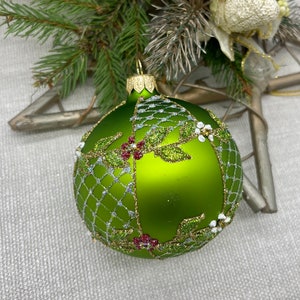 Green Christmas glass ball ornament, Hand painted Christmas glass decorations, traditional XMAS glass ornament, crafted Christmas handmade