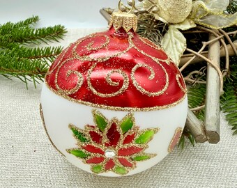 Red with white Glass Christmas Ornament – Handmade Striped Ball – Elegant Holiday Tree Decoration – Modern Christmas Decor