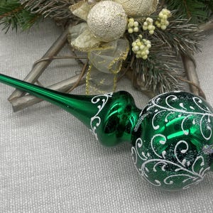 Puntale per albero di Natale in vetro verde con bianco da 23 cm, puntale per albero di Natale vintage, puntale per albero di Natale in vetro, ornamento a guglia festiva, decorazione per albero