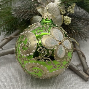 Green Christmas glass ball ornament, Hand painted Christmas glass decorations, traditional XMAS glass ornament, crafted Christmas handmade