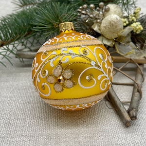 Gold Christmas glass ball ornament, traditional XMAS glass ornament, crafted Christmas handmade, Hand painted Christmas glass decorations