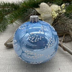 Blue Christmas glass ball ornament, Hand painted Xtmas glass decorations, traditional XMAS glass ornament, crafted Xtmas handmade 2025