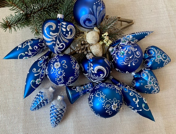 Blaue Kollektion Weihnachtsglasornamente traditionelle Glasbläser Handgemalte Weihnachtsdekorationen handgemachtes Weihnachten