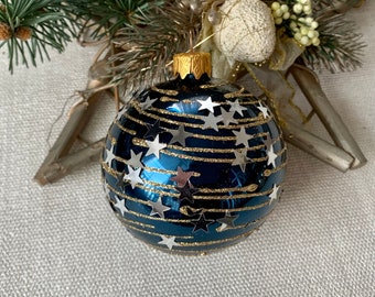 Blue Christmas glass ball ornament, Hand painted Christmas glass decorations, traditional XMAS glass ornament, crafted Christmas handmade