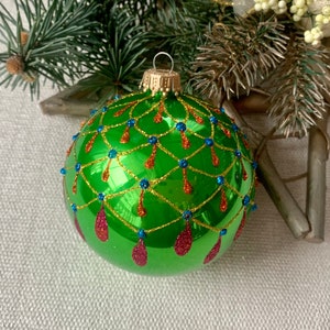 Green Christmas glass ball ornament, Hand painted Christmas glass decorations, traditional XMAS glass ornament, crafted Christmas handmade