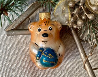 クマのクリスマスガラスオーナメント、吹きガラスのクリスマス、手描き