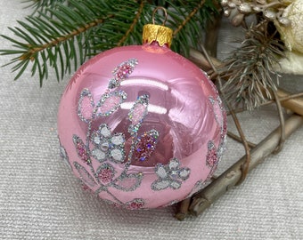 クリスマスオーナメント　グラスボール　手描き　ルリジューズ　ピンク クリスマスオーナメント グラスボール 手描き ルリジューズ ピンク