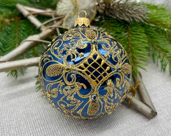 Blue with gold glitter Christmas glass ball ornament, handmade Christmas glass decorations, traditional XMAS gift, crafted decor 2024