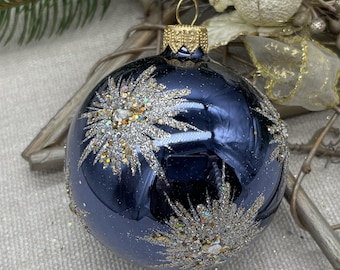 Handgefertigte blaue Glas Weihnachtsverzierung - Elegantes Weihnachtsdekor 2025 - Luxus Urlaub Baumschmuck - Vintage Stil Kugel