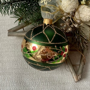 Green Christmas glass ball ornament, Hand painted Christmas glass decorations, traditional XMAS glass ornament, crafted Christmas handmade