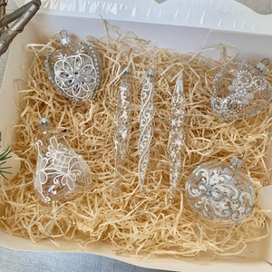 Transparent collection Christmas Ornaments, 7 handmade Christmas glass ornaments traditional decorations, vintage XMAS ornaments