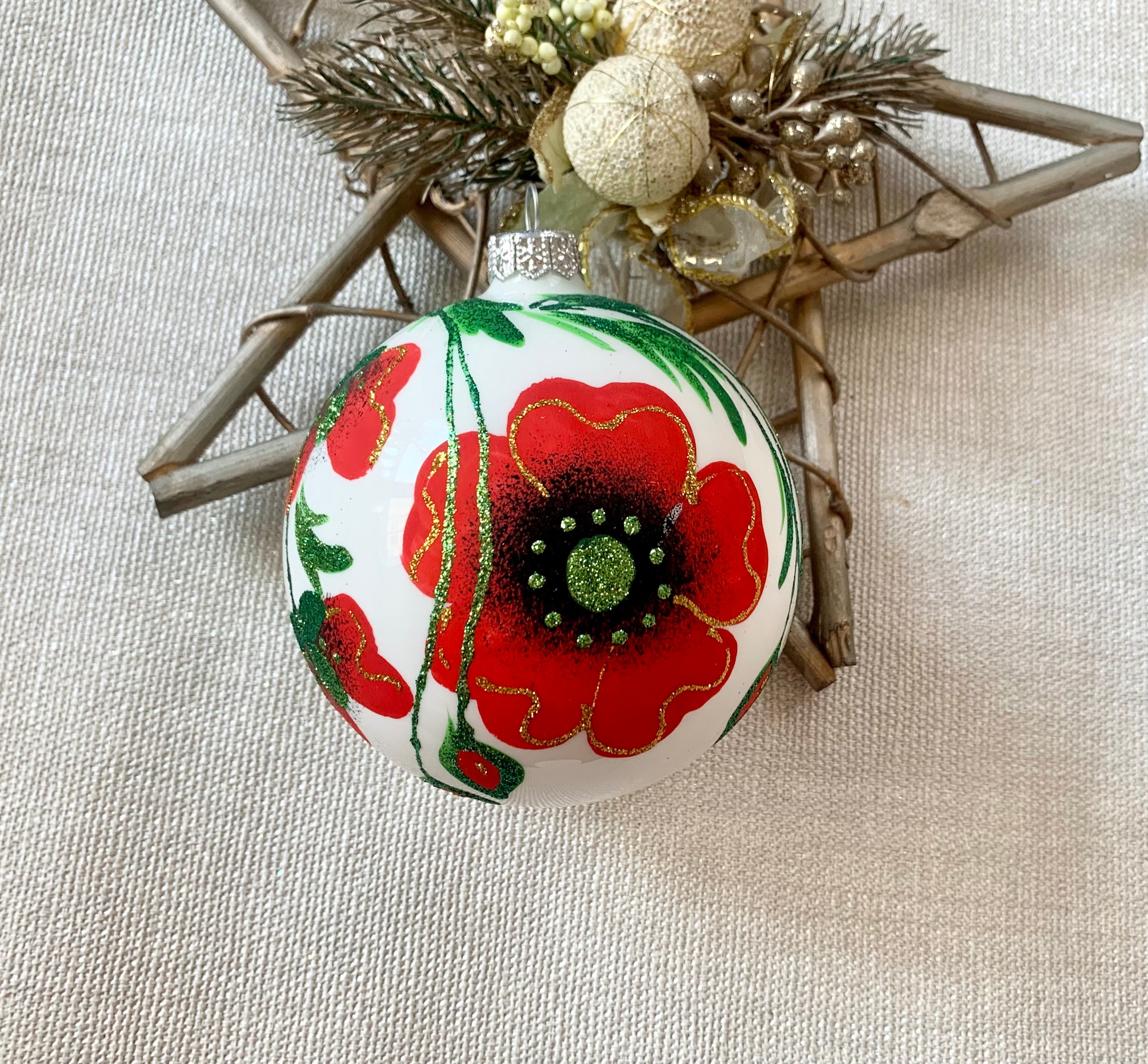 Flowers on White Ball Christmas Ornament Christmas Ornaments Ball Traditional Glass Blowing Hand Painted Christmas Decorations Handmade Etsy Ireland
