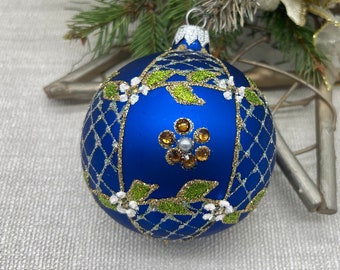 BLUE Christmas glass ball ornament, Hand painted Christmas glass decorations, traditional XMAS glass ornament, crafted Christmas handmade