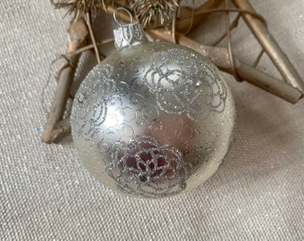 Silver Christmas glass ball ornament, Hand painted Christmas glass decorations, traditional XMAS glass ornament, crafted Christmas handmade