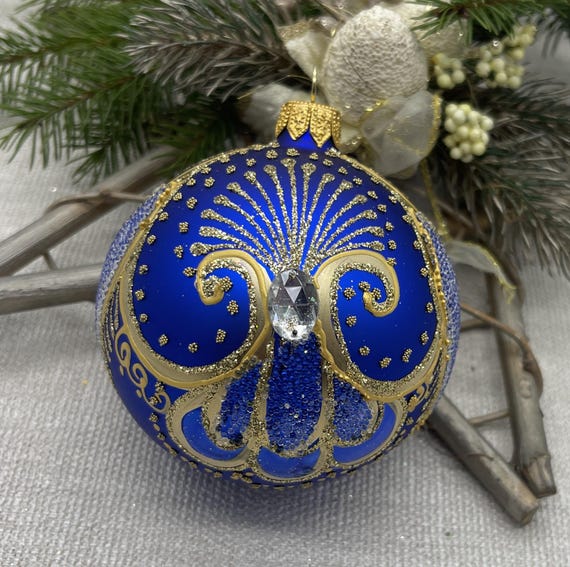 ブルーのクリスマスガラスボールオーナメント、手描きのクリスマス