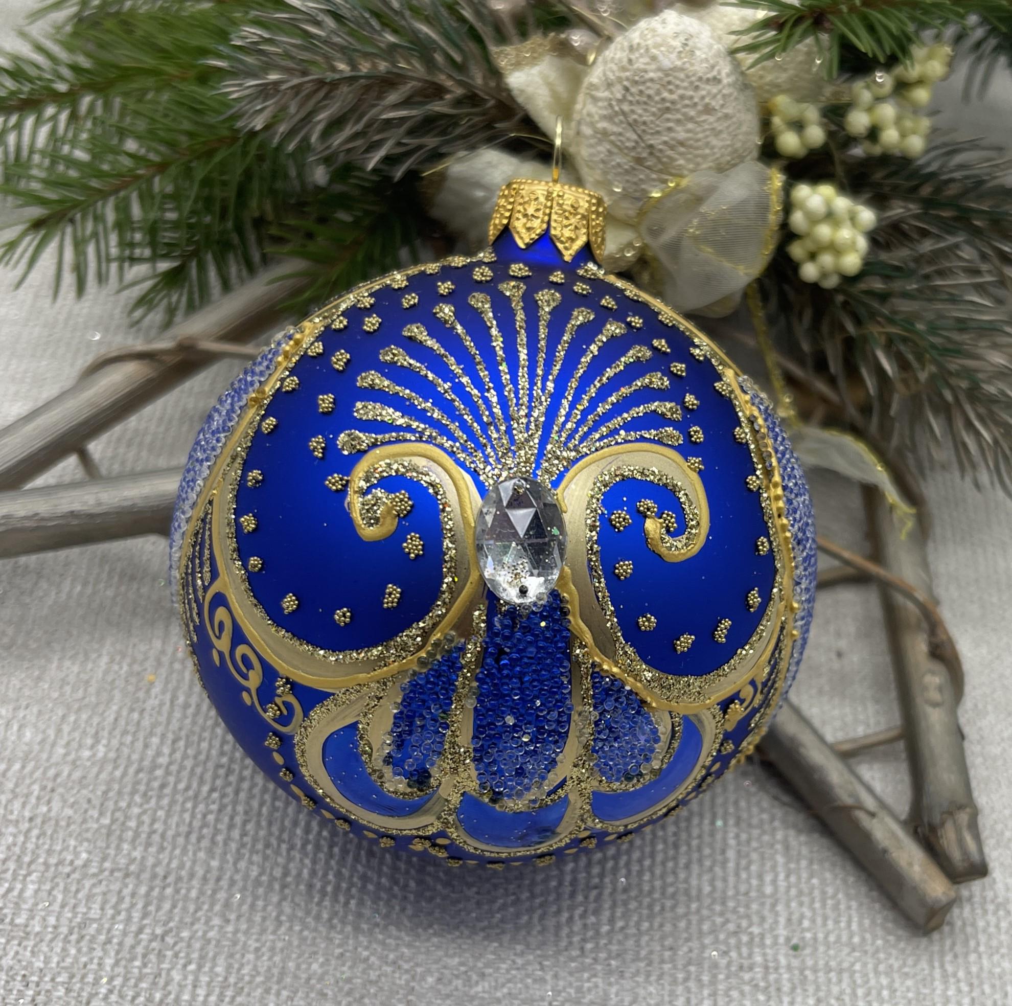 ブルーのクリスマスガラスボールオーナメント、手描きのクリスマス