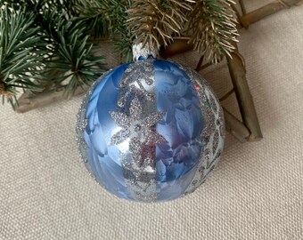Blue Christmas glass ball ornament, Hand painted Christmas glass decorations, traditional XMAS glass ornament, crafted Christmas handmade