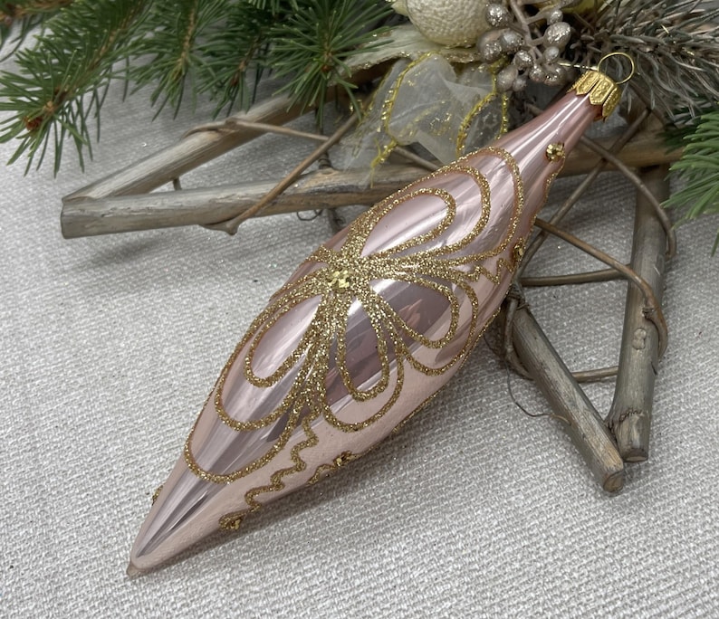 Icicle Pink With Gold Christmas Glass Ornaments,blown Hand Painted