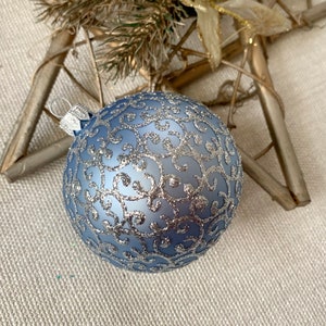 Blue Christmas glass ball ornament, traditional XMAS glass ornament, crafted Christmas handmade, Hand painted Christmas glass decorations,