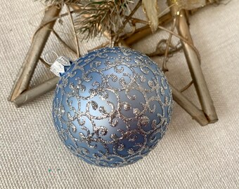 Blue Christmas glass ball ornament, traditional XMAS glass ornament, crafted Christmas handmade, Hand painted Christmas glass decorations,