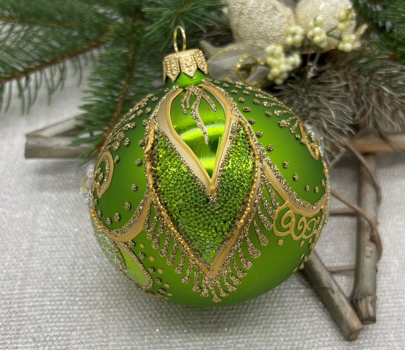 Green Christmas Glass Ball Ornament, Hand Painted Christmas Glass ...