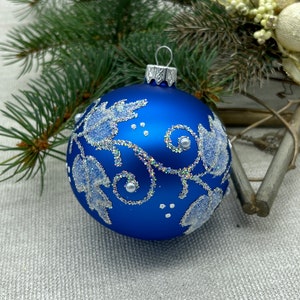 Blue Christmas glass ball ornament, traditional XMAS glass ornament, crafted Christmas handmade, Hand painted Christmas glass decorations