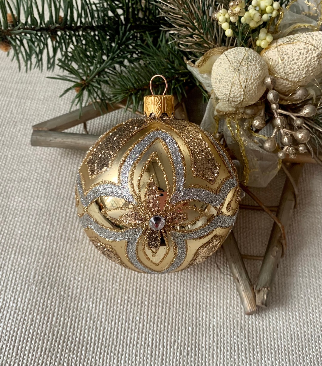 Gold Christmas Glass Ball Ornament, Hand Painted Christmas Glass