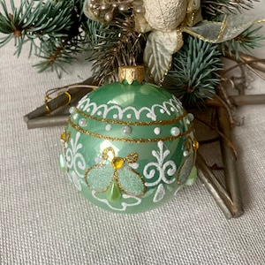 Green Christmas glass ball ornament, Hand painted Christmas glass decorations, traditional XMAS glass ornament, crafted Christmas handmade