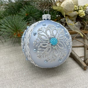 Blue Christmas glass ball ornament, Hand painted Christmas glass decorations,  crafted Christmas handmade, traditional XMAS glass ornament