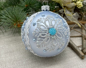 Blue Christmas glass ball ornament, Hand painted Christmas glass decorations,  crafted Christmas handmade, traditional XMAS glass ornament