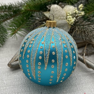 Blue Christmas glass ball ornament, Hand painted Xtmas glass decorations, traditional XMAS glass ornament, crafted Xtmas handmade 2025