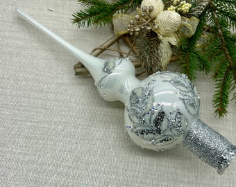 Big white Christmas glass tree topper with silver glitter 12 inch, Glass Finial Xmas Tree top, Festive Spire Ornament, Tree decor