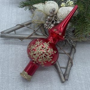Small Red Christmas glass tree topper 7 inch, vintage tree topper Christmas, Glass Finial Christmas Tree top, Festive Spire Ornament decor