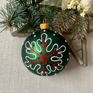 Green Christmas glass ball ornament, Hand painted Christmas glass decorations, traditional XMAS glass ornament, crafted Christmas handmade
