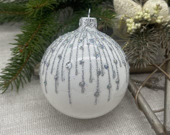 White with silver glitter Christmas glass ball ornament, handmade Christmas glass decorations, traditional XMAS gift, crafted decor 2024