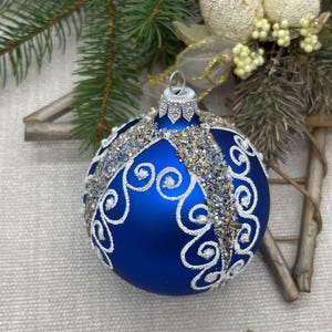 Blue Christmas glass ball ornament,traditional XMAS glass ornament, crafted Christmas handmade, Hand painted Christmas glass decorations