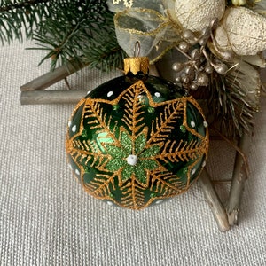 Green Christmas glass ball ornament, Hand painted Christmas glass decorations, traditional XMAS glass ornament, crafted Christmas handmade